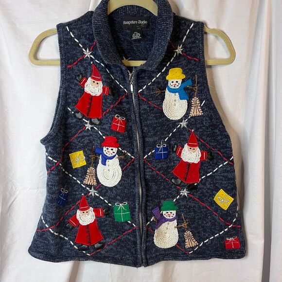 Hampshire Studio‎ VTG Navy Blue Christmas Santa Snowman Zip Up Sweater Vest P/L - Picture 1 of 4